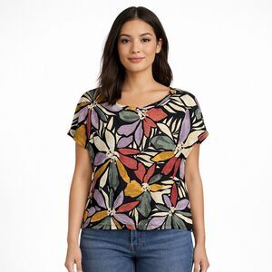 Nicole Miller Shirt Womens Large Multicolor Floral Linen Short Sleeve Top